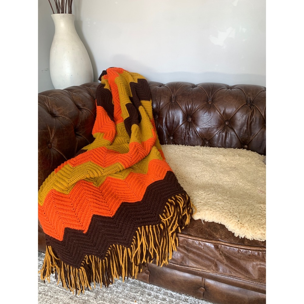 Vintage Handmade Crochet Afghan Blanket Chevron Ripple 70s Orange Brown Mustard